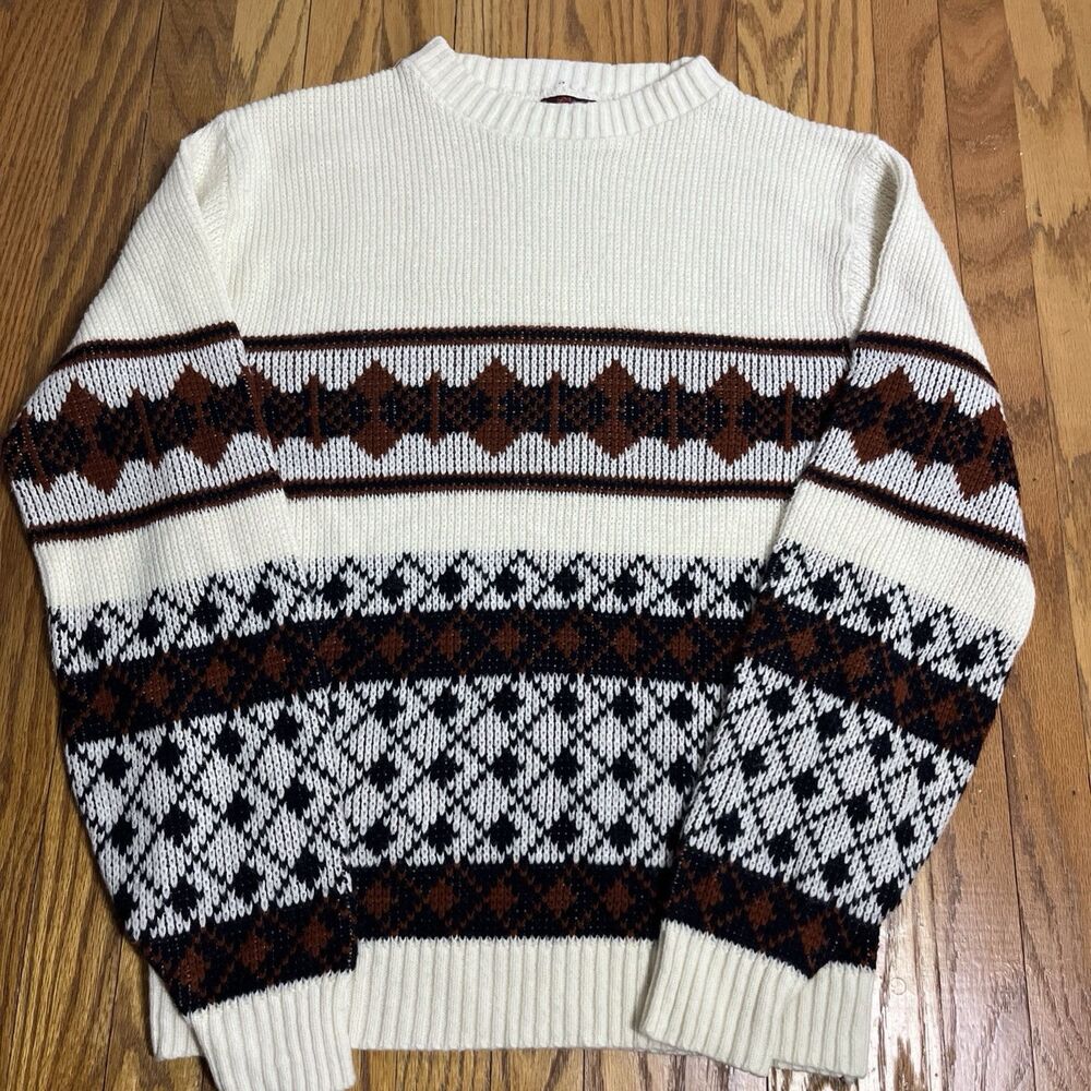 Vintage Kingsport Sweater Mens Lg Cream Brown Knit Pullover Orlon Acrylic